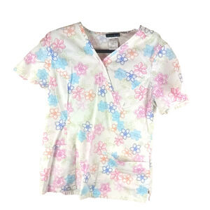Vintage Cherokee Women's Scrub Top Size Large White Pink Blue Flowers